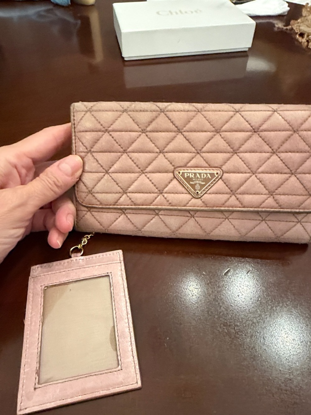 Prada Quilted Blush Pink Wallet with ID Holder worn!
